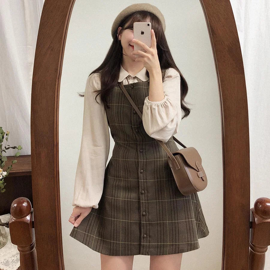 Preppy Sty Japan Girls Matching Outfits Date Lady Autumn Spring 2023 A Line Women Plaid Shirt Dress