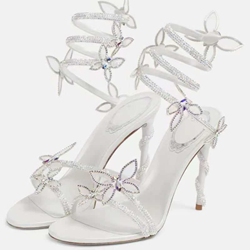 Aneikeh Shiny Crystal Rhinestone Butterfly Flower High Heels Women's Summer Elegant Sexy PU Round Head Sandals Party Dress