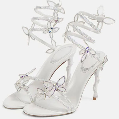 Aneikeh Shiny Crystal Rhinestone Butterfly Flower High Heels Women's Summer Elegant Sexy PU Round Head Sandals Party Dress