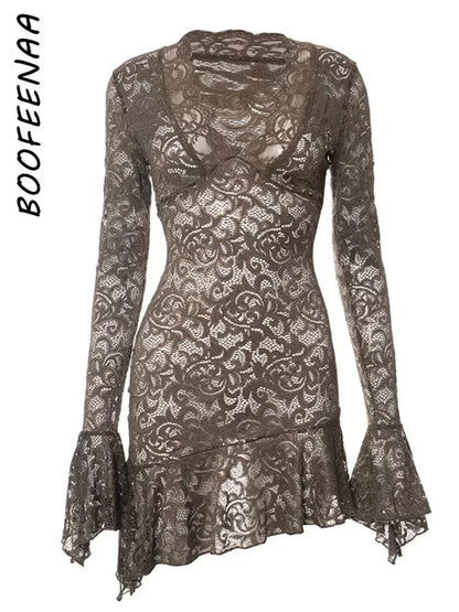 BOOFEENAA Sexy See Through Lace Dress Y2k Club Outfit for Woman Flare Long Sleeve Deep V Ruffle Short Dresses Black C85-DZ20