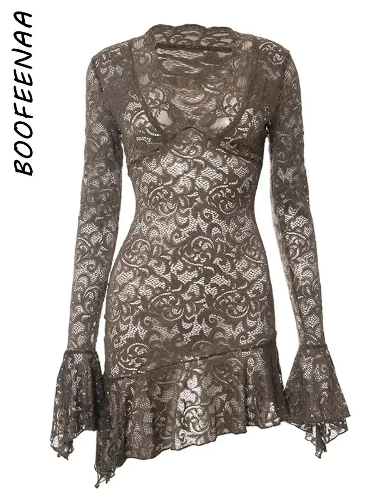 BOOFEENAA Sexy See Through Lace Dress Y2k Club Outfit for Woman Flare Long Sleeve Deep V Ruffle Short Dresses Black C85-DZ20