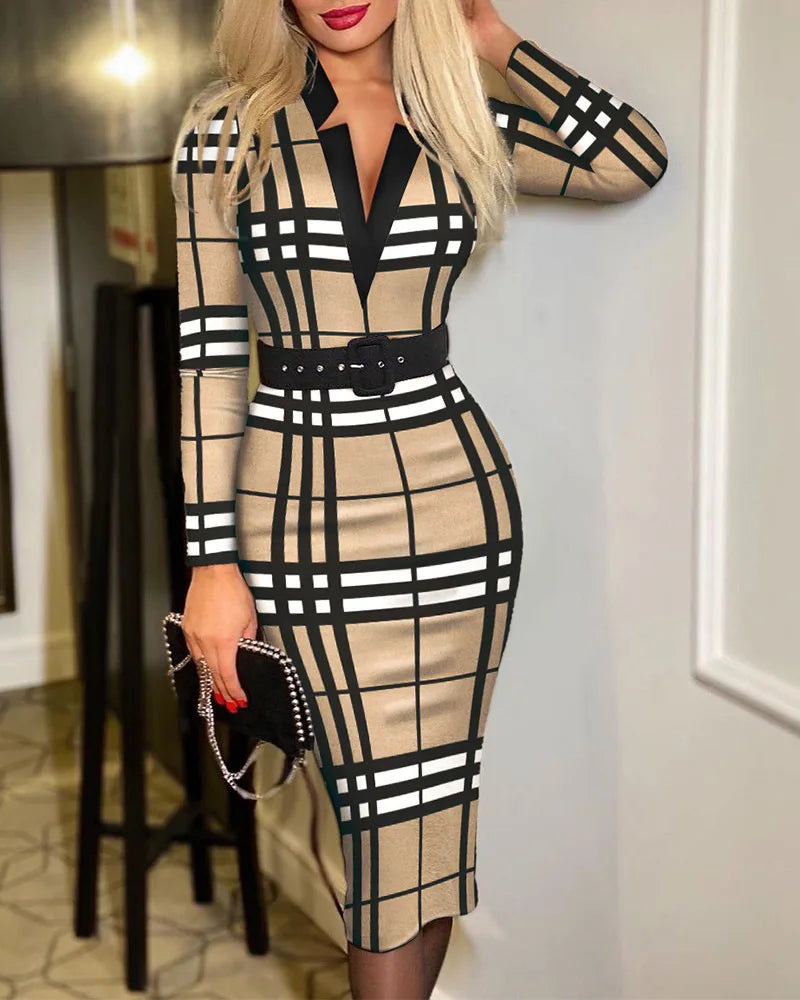 Plaid Pattern V Neck Dress Elegant Long Sleeve Knee Length Dress Women's Clothing