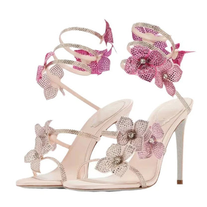 Aneikeh Shiny Crystal Rhinestone Butterfly Flower High Heels Women's Summer Elegant Sexy PU Round Head Sandals Party Dress