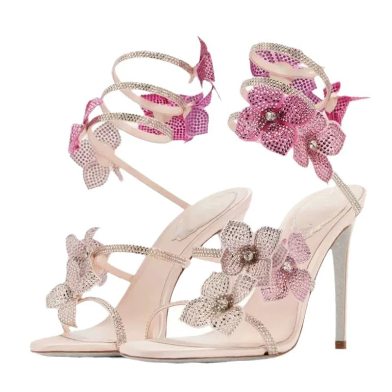 Aneikeh Shiny Crystal Rhinestone Butterfly Flower High Heels Women's Summer Elegant Sexy PU Round Head Sandals Party Dress