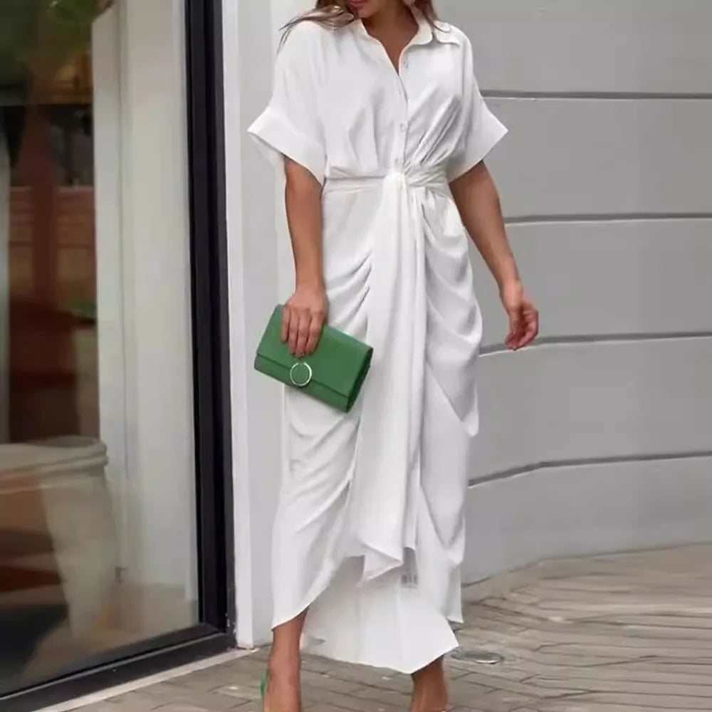 High Waisted Lady Shirt Dress for Women Clothing Summer Classic Casual Slim Short Sleeve Women Dress Female Solid Long Skir