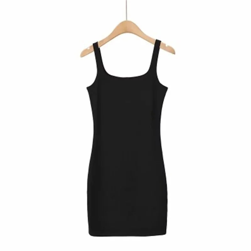 New Fashion Sweet Sexy Low Chest Square Collar Solid Color Slim Buttock Show Thin Vest Tank Simple Mini Dress ZI88