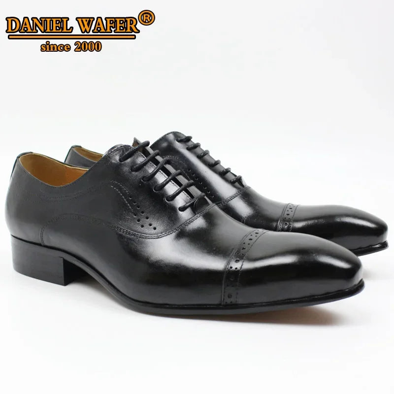 Genuine Leather Oxford Dress Shoes Men Lace Up Cap Toe Office Wedding Shoes Black Brown Brogue Pointed Oxfords Formal Shoes Men
