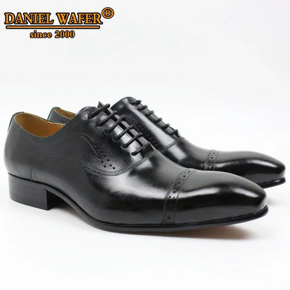 Genuine Leather Oxford Dress Shoes Men Lace Up Cap Toe Office Wedding Shoes Black Brown Brogue Pointed Oxfords Formal Shoes Men