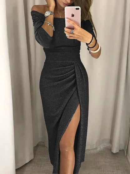 Women's Off Shoulder Long Sleeve Bodycon Evening Party Long Dress Asymmetrical Split Pencil Dresses S M L XL XXL