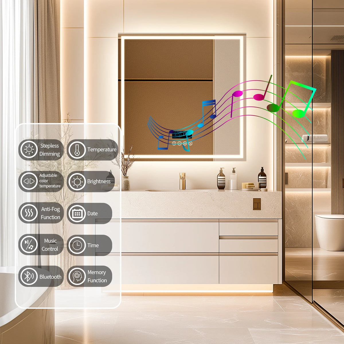 LED Bathroom Mirror 800mm Square Wall Mirror with Bluetooth Time Temperature Display 3 Colours Front+Backlit Anti-fog Memory