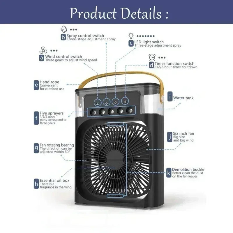 New 3 In 1 Portable Fan AIr Conditioner Household Mini Air Cooler LED Night Light Humidifier Air Adjustment Fan Office Home Fan