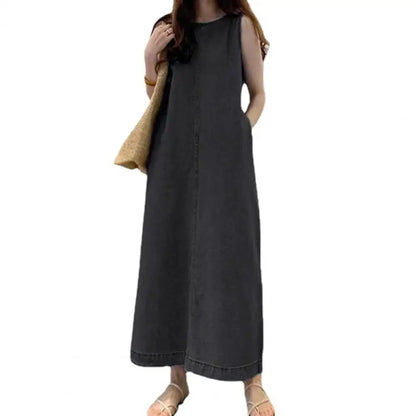 Comfortable Fabric Dress Elegant Maxi Dress with Pockets for Women Solid Color O Neck Ankle Length Lady Dating Dress Soft