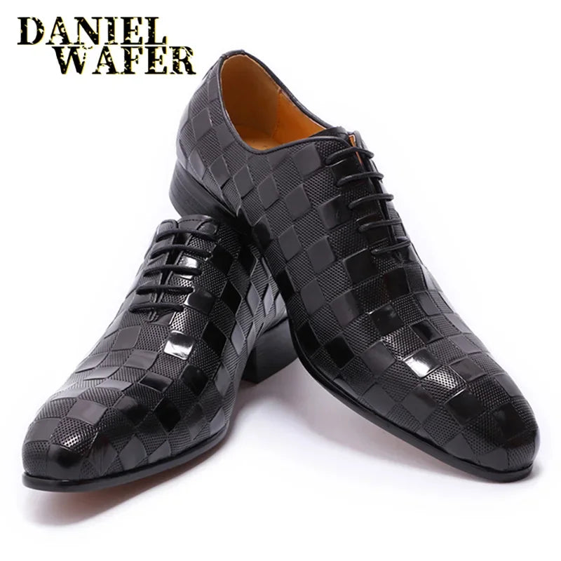 Men's Luxury Italian Leather Dress Shoes Fashion Plaid Print Lace-Up Black/Brown Formal Oxford Wedding Office Shoes