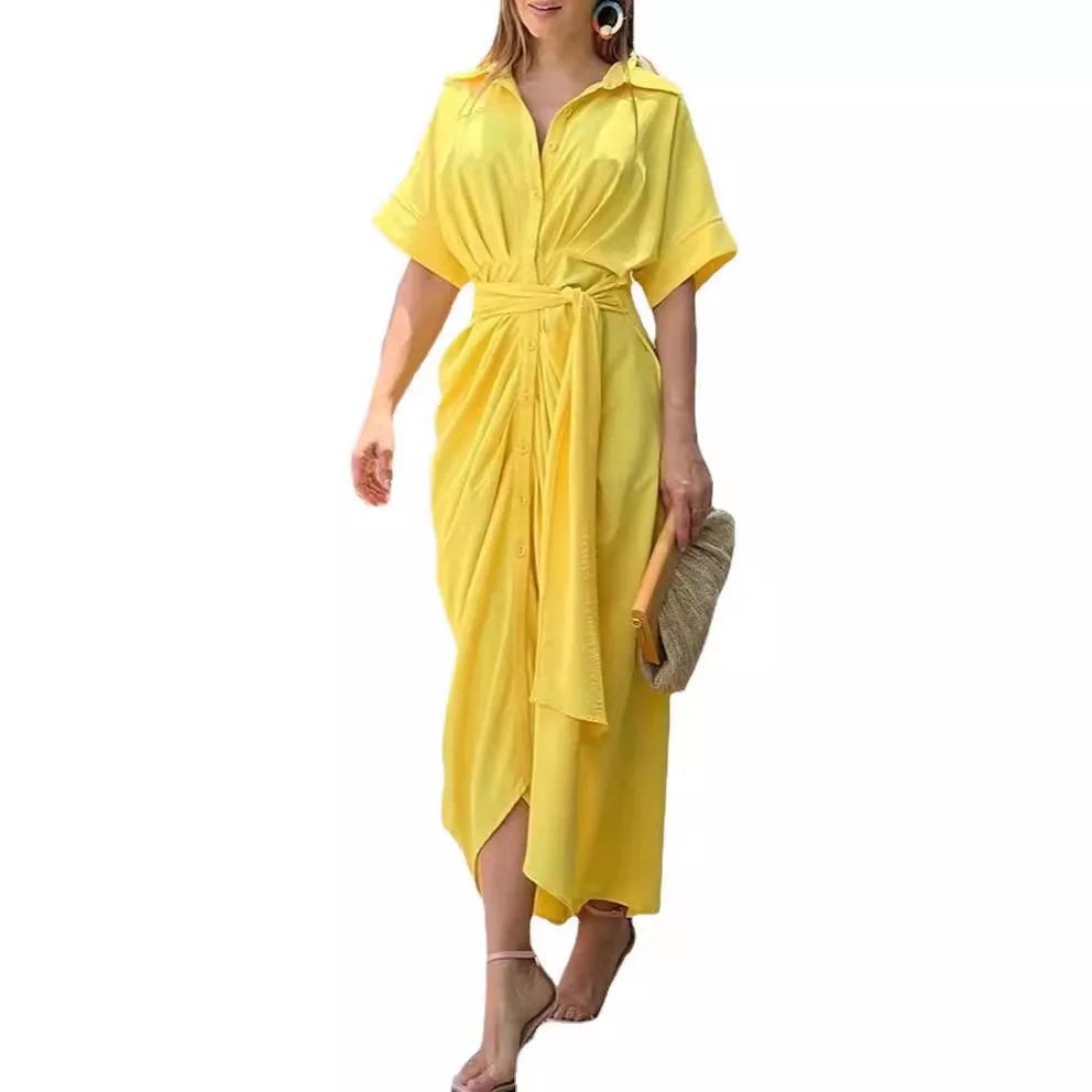 High Waisted Lady Shirt Dress for Women Clothing Summer Classic Casual Slim Short Sleeve Women Dress Female Solid Long Skir
