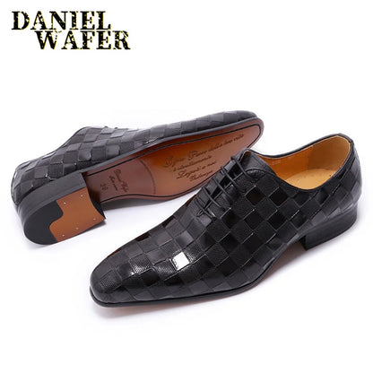 Men's Luxury Italian Leather Dress Shoes Fashion Plaid Print Lace-Up Black/Brown Formal Oxford Wedding Office Shoes