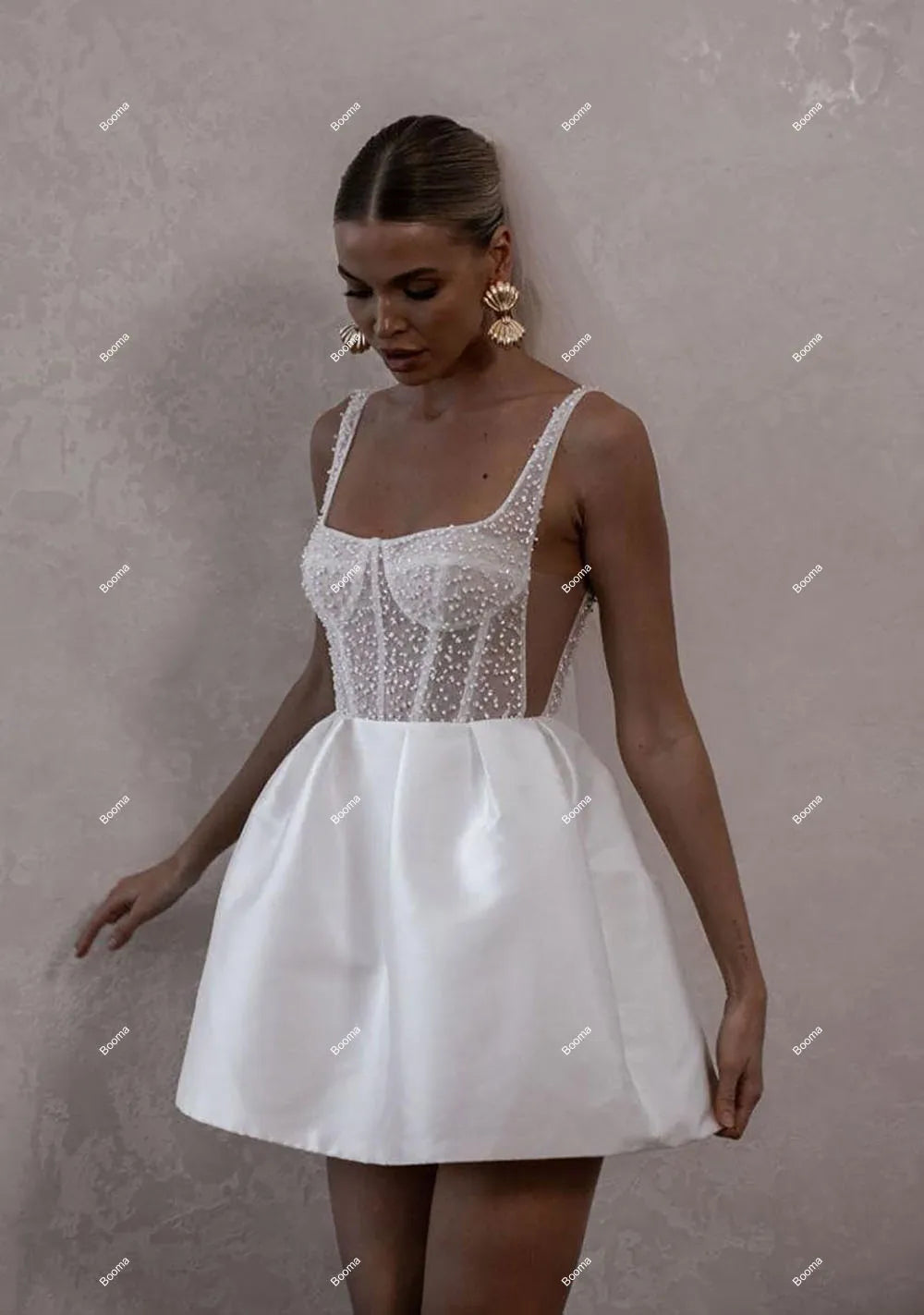 Booma Short Wedding Dresses Straps Sweetheart Pearls Mini Bridals Gowns for Wedding Prom Cocktail Party Dress Outfits Customized