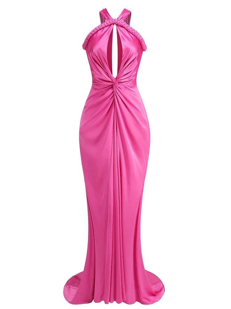 Sexy Asymmetrical Straps Hollow Out Maxi Dress Women Red Sleeveless Backless Slim Mermaid Maxi Dresses Evening Party Gowns