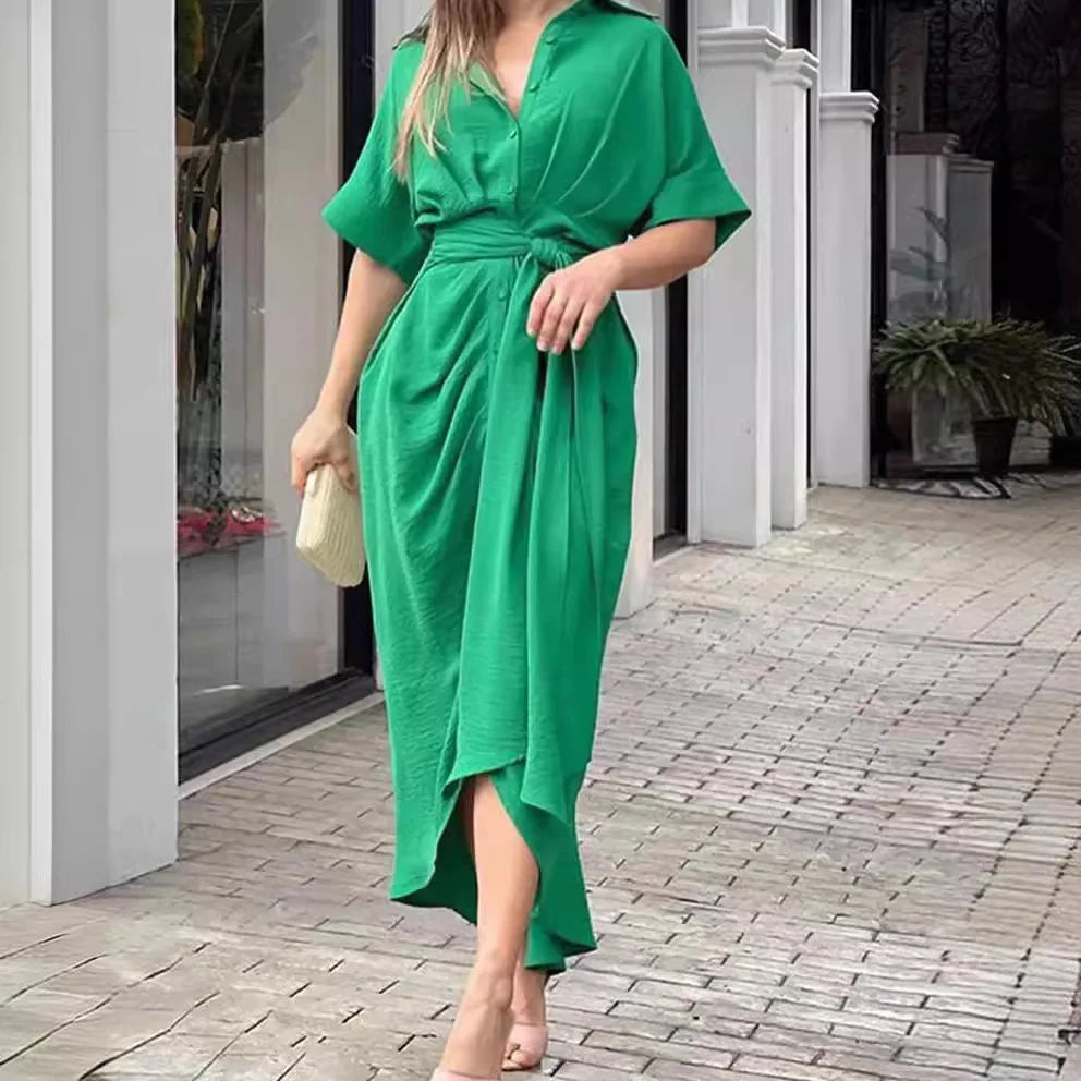 High Waisted Lady Shirt Dress for Women Clothing Summer Classic Casual Slim Short Sleeve Women Dress Female Solid Long Skir