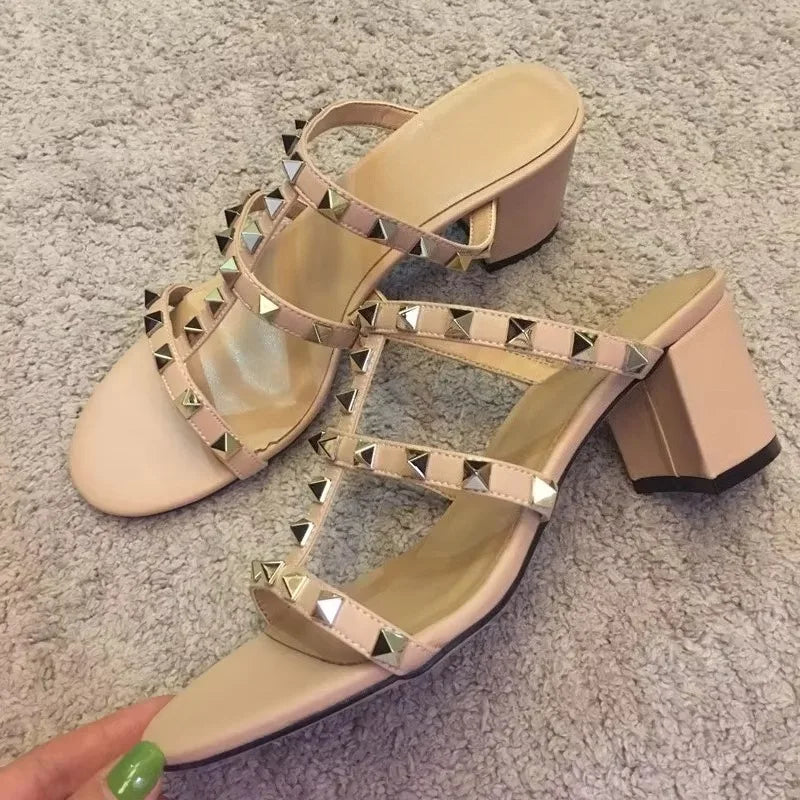 Women Slippers Open Toe Sandals High Heels Shoes Woman Summer 2025 Trend Elegant Pumps Dress Shallow Chunky Zapatillas De Mujer