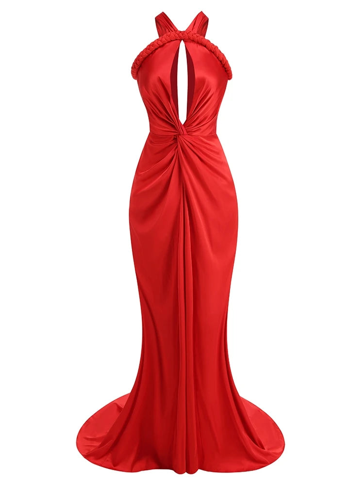 Sexy Asymmetrical Straps Hollow Out Maxi Dress Women Red Sleeveless Backless Slim Mermaid Maxi Dresses Evening Party Gowns