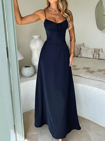 TSDFC 2025 New Spring Summer Temperament Robe Femme A Line Long Ladies Fashion Sexy Solid Color Slip Dress Lace Up Elegant Dress