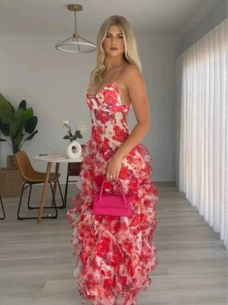 Summer New 2024 Women Sexy V Neck Backless Flower Chiffon Maxi Gowns Dress Split Celebrity Cut Out Beach Maxi Dress