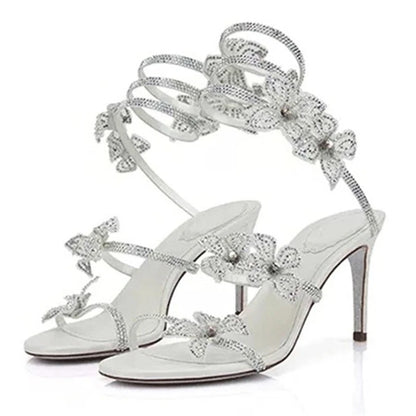 Aneikeh Shiny Crystal Rhinestone Butterfly Flower High Heels Women's Summer Elegant Sexy PU Round Head Sandals Party Dress