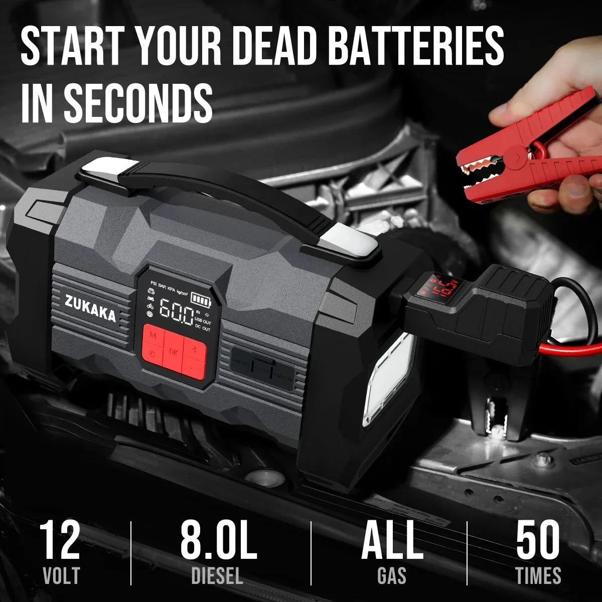 ZUKAKA 26800mAh Jump Starter with Air Compressor 4000A Booster Tyre Inflator Portable Car Battery Power Bank Charger Air Pump
