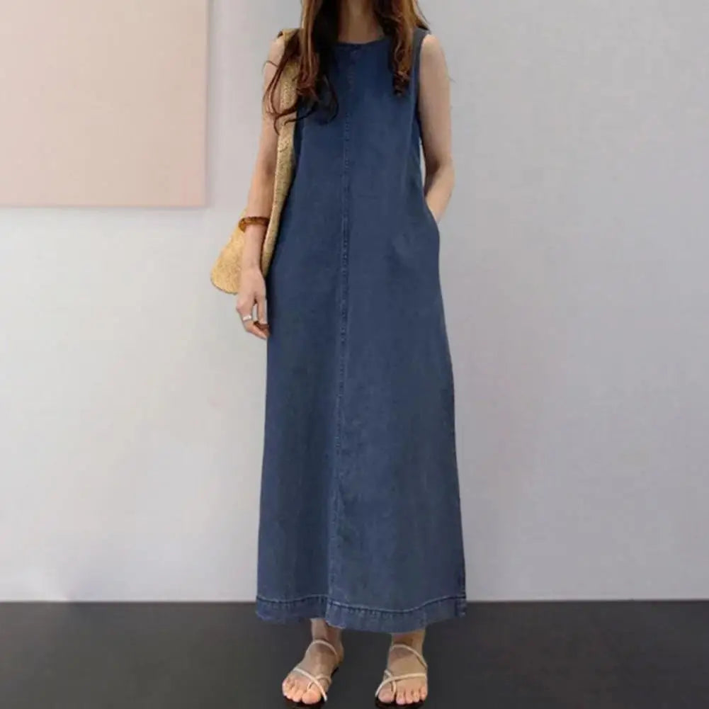 Comfortable Fabric Dress Elegant Maxi Dress with Pockets for Women Solid Color O Neck Ankle Length Lady Dating Dress Soft