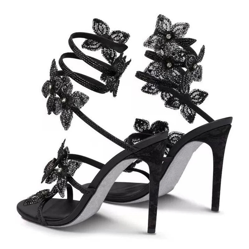 Aneikeh Shiny Crystal Rhinestone Butterfly Flower High Heels Women's Summer Elegant Sexy PU Round Head Sandals Party Dress