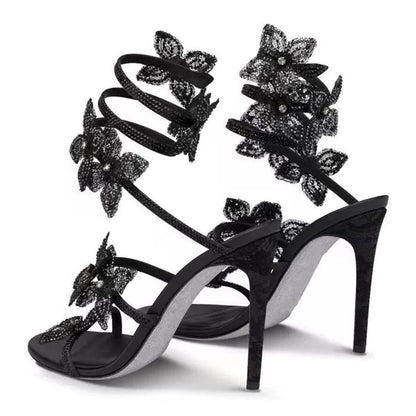 Aneikeh Shiny Crystal Rhinestone Butterfly Flower High Heels Women's Summer Elegant Sexy PU Round Head Sandals Party Dress