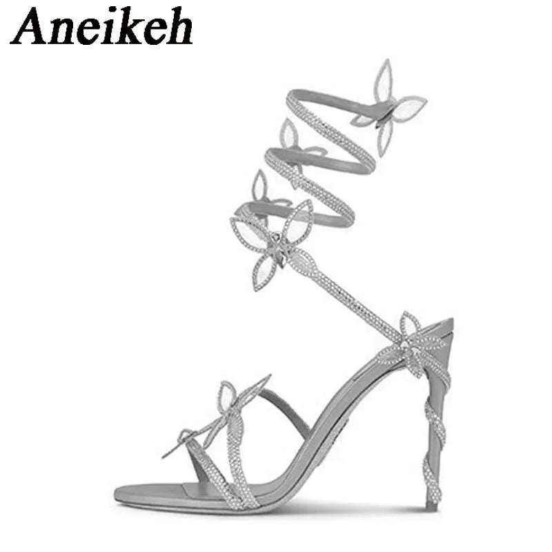 Aneikeh Shiny Crystal Rhinestone Butterfly Flower High Heels Women's Summer Elegant Sexy PU Round Head Sandals Party Dress