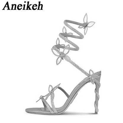Aneikeh Shiny Crystal Rhinestone Butterfly Flower High Heels Women's Summer Elegant Sexy PU Round Head Sandals Party Dress