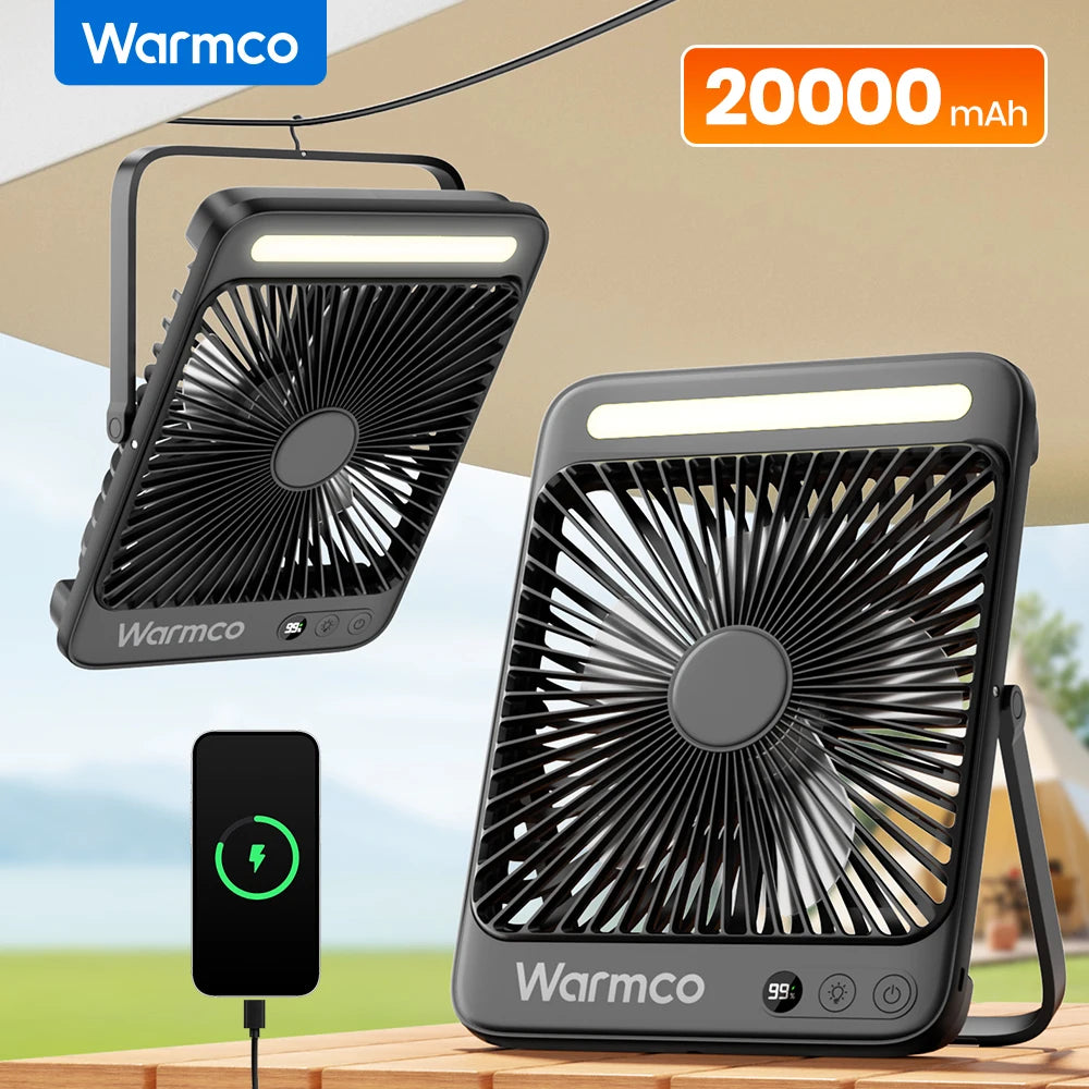 Warmco 20000mAh 8-inch Portable Camping Fan,LED Light, Quiet Thin Battery Desk Personal Fan With Digital Display for Outdoor