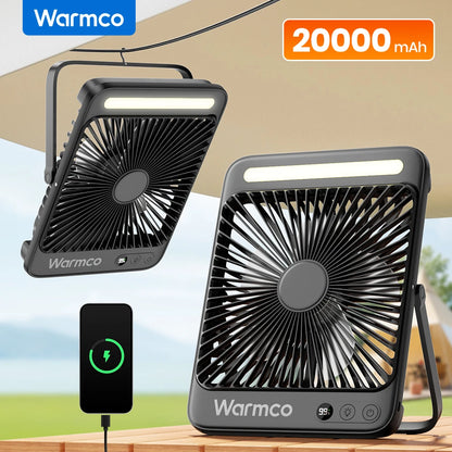 Warmco 20000mAh 8-inch Portable Camping Fan,LED Light, Quiet Thin Battery Desk Personal Fan With Digital Display for Outdoor