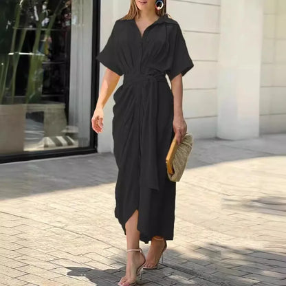 High Waisted Lady Shirt Dress for Women Clothing Summer Classic Casual Slim Short Sleeve Women Dress Female Solid Long Skir