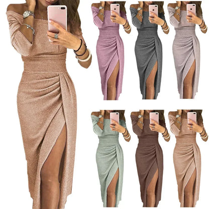 Women's Off Shoulder Long Sleeve Bodycon Evening Party Long Dress Asymmetrical Split Pencil Dresses S M L XL XXL