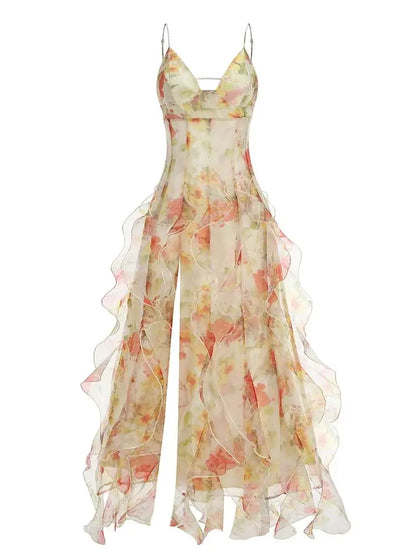 Summer New 2024 Women Sexy V Neck Backless Flower Chiffon Maxi Gowns Dress Split Celebrity Cut Out Beach Maxi Dress