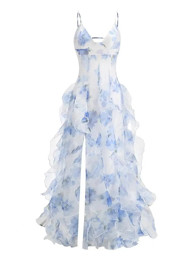 Summer New 2024 Women Sexy V Neck Backless Flower Chiffon Maxi Gowns Dress Split Celebrity Cut Out Beach Maxi Dress