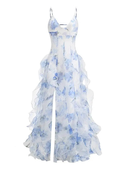 Summer New 2024 Women Sexy V Neck Backless Flower Chiffon Maxi Gowns Dress Split Celebrity Cut Out Beach Maxi Dress