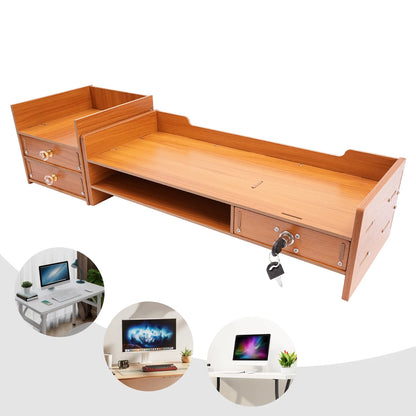 Wooden Monitor Stand Desk Computer Monitor Stand with Three Drawers and Two Keys, Computer Monitor Stand for PC Monitor Laptop