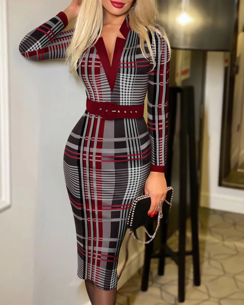Plaid Pattern V Neck Dress Elegant Long Sleeve Knee Length Dress Women's Clothing