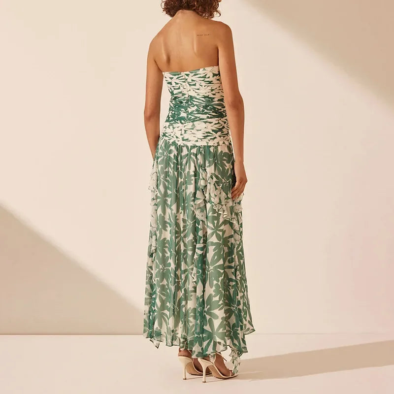 2025spring/summer New Printed Strapless Long Dress with A Stylish Design and Pleated Long Chiffon Dress for Women's Evening Wear