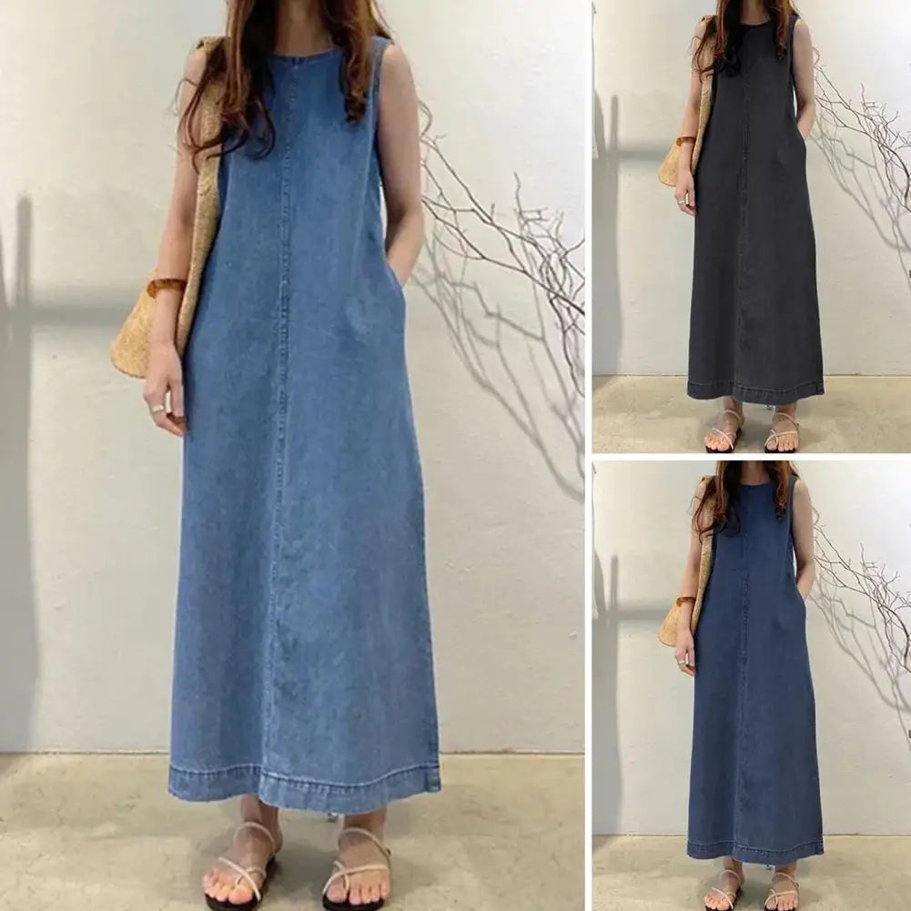 Comfortable Fabric Dress Elegant Maxi Dress with Pockets for Women Solid Color O Neck Ankle Length Lady Dating Dress Soft