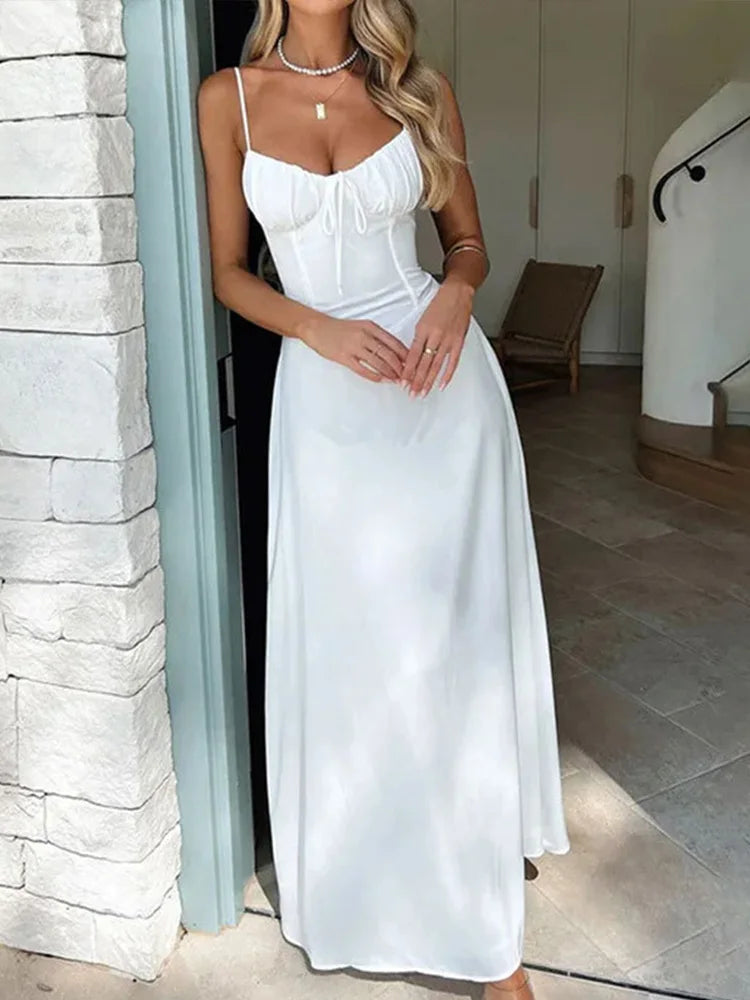 TSDFC 2025 New Spring Summer Temperament Robe Femme A Line Long Ladies Fashion Sexy Solid Color Slip Dress Lace Up Elegant Dress