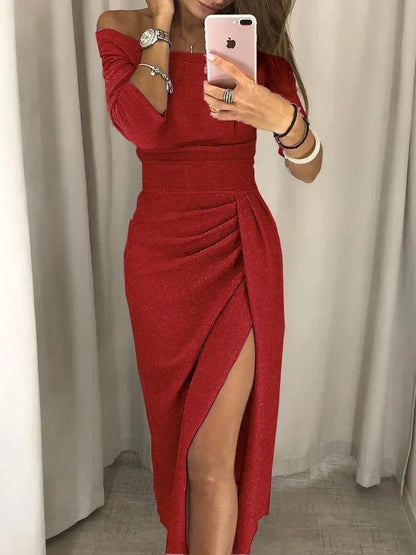 Women's Off Shoulder Long Sleeve Bodycon Evening Party Long Dress Asymmetrical Split Pencil Dresses S M L XL XXL