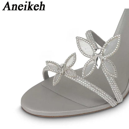 Aneikeh Shiny Crystal Rhinestone Butterfly Flower High Heels Women's Summer Elegant Sexy PU Round Head Sandals Party Dress