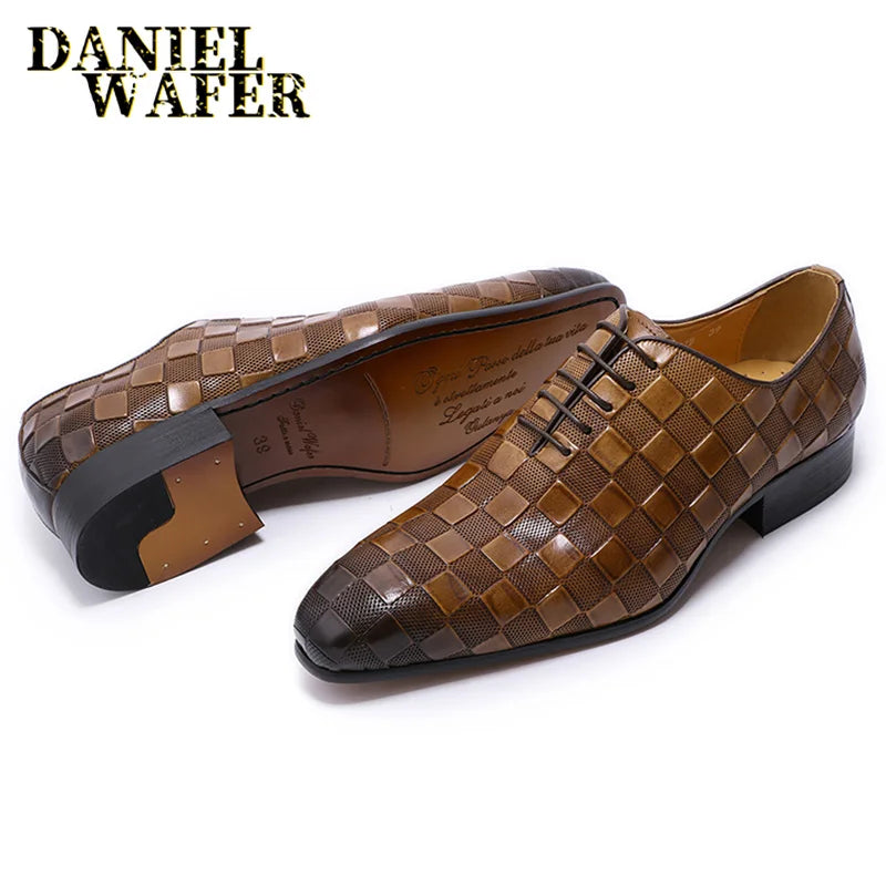 Men's Luxury Italian Leather Dress Shoes Fashion Plaid Print Lace-Up Black/Brown Formal Oxford Wedding Office Shoes