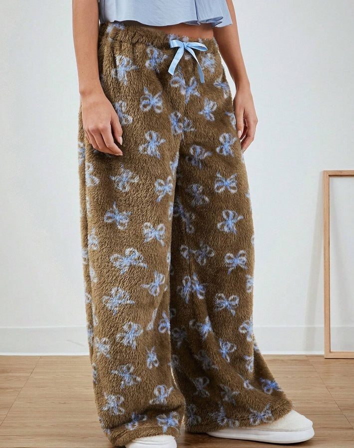 Blue Bow Patterned Wide Leg Pants