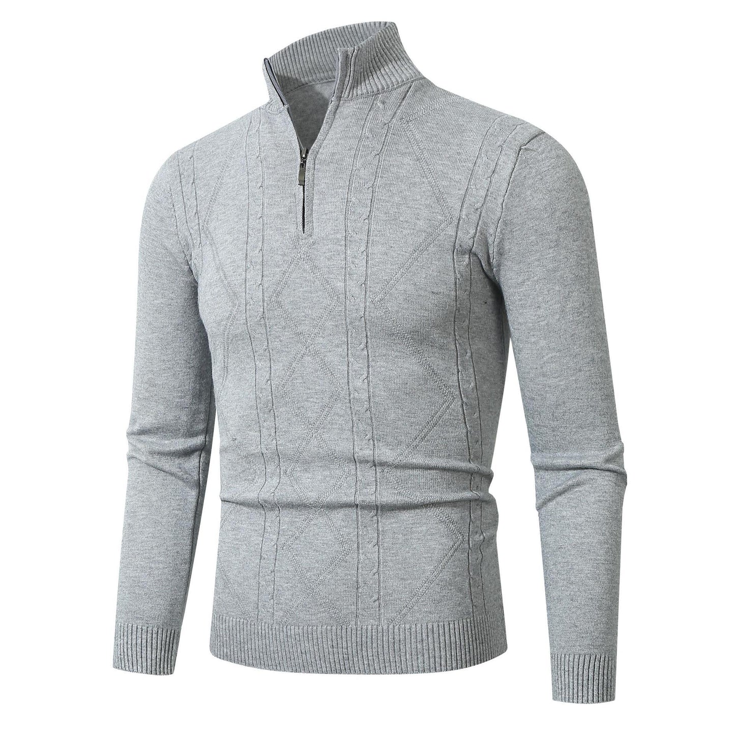Fashion Rhombus Sweater Men's Casual Stand Collar Long Sleeve Half Zipper Sweater